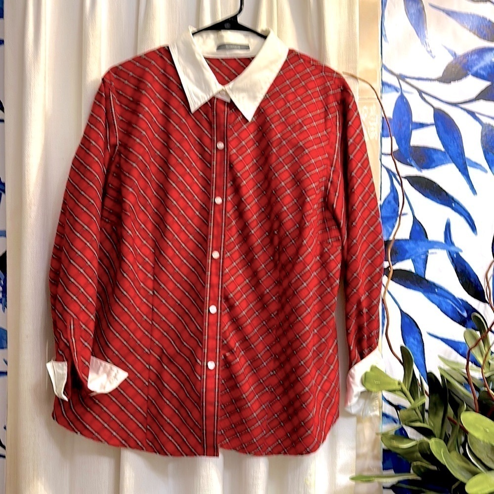 Vintage Liz Claiborne Red & Black Tartan 100% Cotton Long Sleeve Blouse